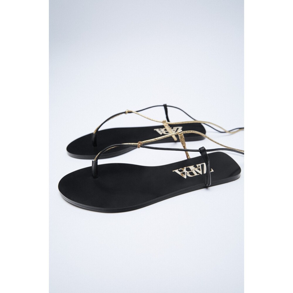 Black Gold Metallic Zara Strappy Gladiator Round Open-Toe Flat Sandals (NWT)